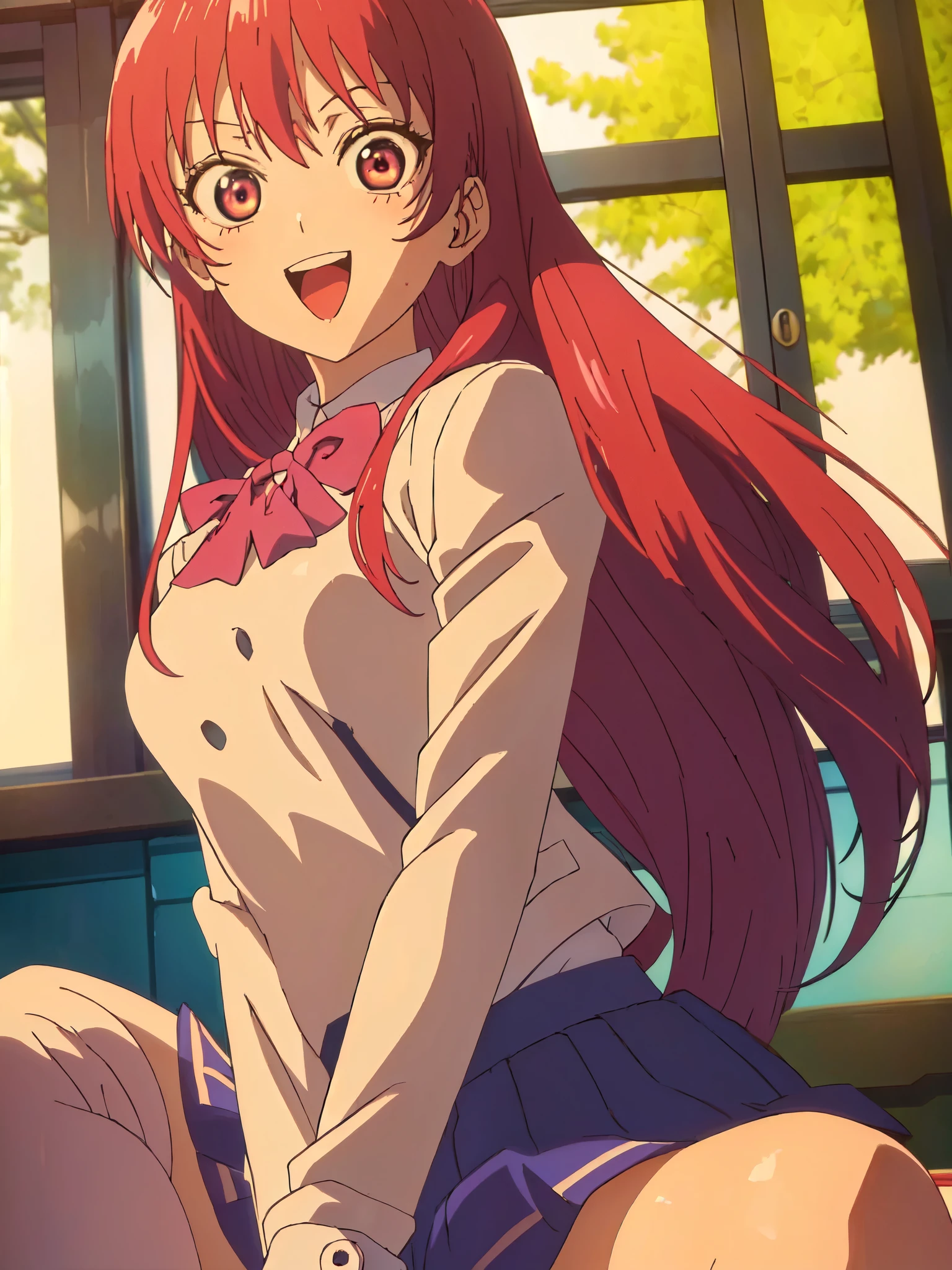 ((((masterpiece、Highest quality、High resolution)、anime:1.2)))、Pink hair、Beautiful with a small chest、(Dynamic pose)、looking at the camera、(Beautiful detailed face、Beautiful big eyes)、((One beautiful person))、Good sensitivity、((Sexy pose))、((A big smile))、Red cheeks、Spread your legs、Wear a blazer uniform、Wear a short navy blue skirt、sitting at desk in white school classroom、Arms folded behind back、Angle from below