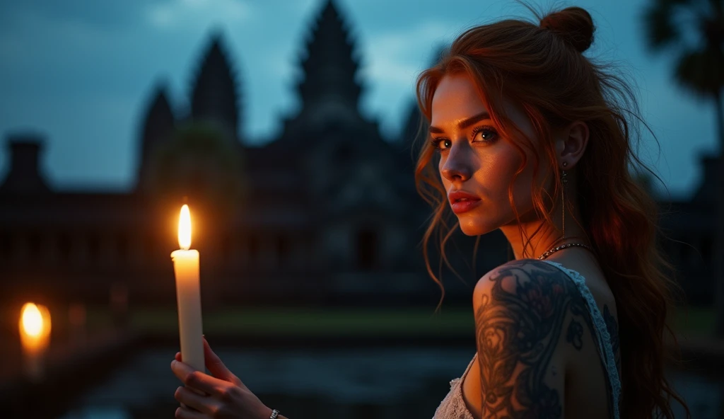 tatuados,Very beautiful big breasts、(Tears),(Back tattoo、Many tattoos on both arms and neck)、 (Angkor Wat at night,Huge temple complex surrounded by jungle),Candlelight only,Very detailed, 21 years old, A beautiful woman,Depressed face, Platinum Red Hair,Wavy Hair, blue eyes, High resolution, masterpiece, Highest quality, Intricate details, Very detailed, Clear focus, Delicate skin, practical skin texture, texture, Delicate eyes, Professional, 8k, Sad face,despair、 Shot with Canon, 85mm, Shallow and deep, Kodak Vision Color, Exactly, Very detailed, photograph_\(Extremist\), photographpractical, practical, Post-processing, Maximum details, Roughness, Real Life, Extremist practical, Photorealism, photographgraphy, 8k ウルトラ HD, photographgraphy