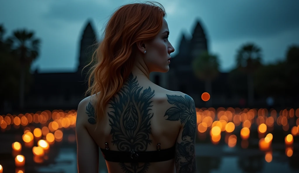 tatuados,Very beautiful big breasts、(Tears),(Back tattoo、Many tattoos on both arms and neck)、 (Angkor Wat at night,Huge temple complex surrounded by jungle),Candlelight only,Very detailed, 21 years old, A beautiful woman,Depressed face, Platinum Red Hair,Wavy Hair, blue eyes, High resolution, masterpiece, Highest quality, Intricate details, Very detailed, Clear focus, Delicate skin, practical skin texture, texture, Delicate eyes, Professional, 8k, Sad face,despair、 Shot with Canon, 85mm, Shallow and deep, Kodak Vision Color, Exactly, Very detailed, photograph_\(Extremist\), photographpractical, practical, Post-processing, Maximum details, Roughness, Real Life, Extremist practical, Photorealism, photographgraphy, 8k ウルトラ HD, photographgraphy