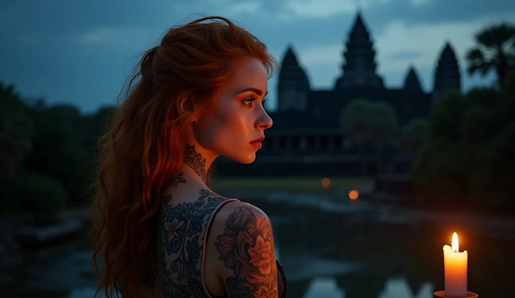 tatuados,Very beautiful big breasts、(Tears),(Back tattoo、Many tattoos on both arms and neck)、 (Angkor Wat at night,Huge temple complex surrounded by jungle),Candlelight only,Very detailed, 21 years old, A beautiful woman,Depressed face, Platinum Red Hair,Wavy Hair, blue eyes, High resolution, masterpiece, Highest quality, Intricate details, Very detailed, Clear focus, Delicate skin, practical skin texture, texture, Delicate eyes, Professional, 8k, Sad face,despair、 Shot with Canon, 85mm, Shallow and deep, Kodak Vision Color, Exactly, Very detailed, photograph_\(Extremist\), photographpractical, practical, Post-processing, Maximum details, Roughness, Real Life, Extremist practical, Photorealism, photographgraphy, 8k ウルトラ HD, photographgraphy