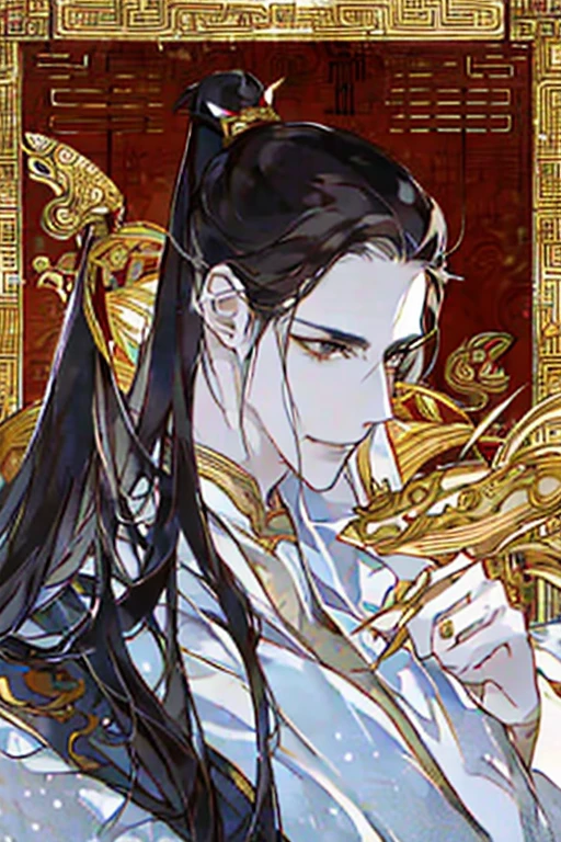 Handsome young man,,Sexy smile,Serious and captivating look,Black men's bun，Long hair，Ancient Chinese men，White Chinese costume，Gold decoration，Silver decoration，Jade decoration,,cheeky , Demon, Brown eyes, Younger looking, 1.83 inches tall, hot, muscular.