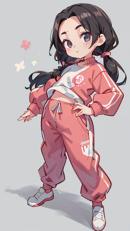 Girl、Primary school students、small、sharp、Black Hair,、Pigtails、Braid、The forehead is visible、Forehead、Jersey、Tracksuits、Clothing patterns、Clothing Design、The front is open、whole body、