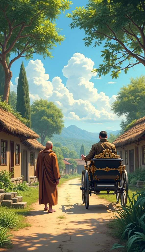 A tranquil village scene with simple, thatched-roof cottages surrounded by lush greenery. In the foreground, a wealthy light bread man, dressed in fine clothes and arriving in an ornate carriage, approaches a small, modest temple. The temple is surrounded by trees, with a clear blue sky overhead. The monk, dressed in simple robes, stands at the entrance, welcoming the man with a calm demeanor.