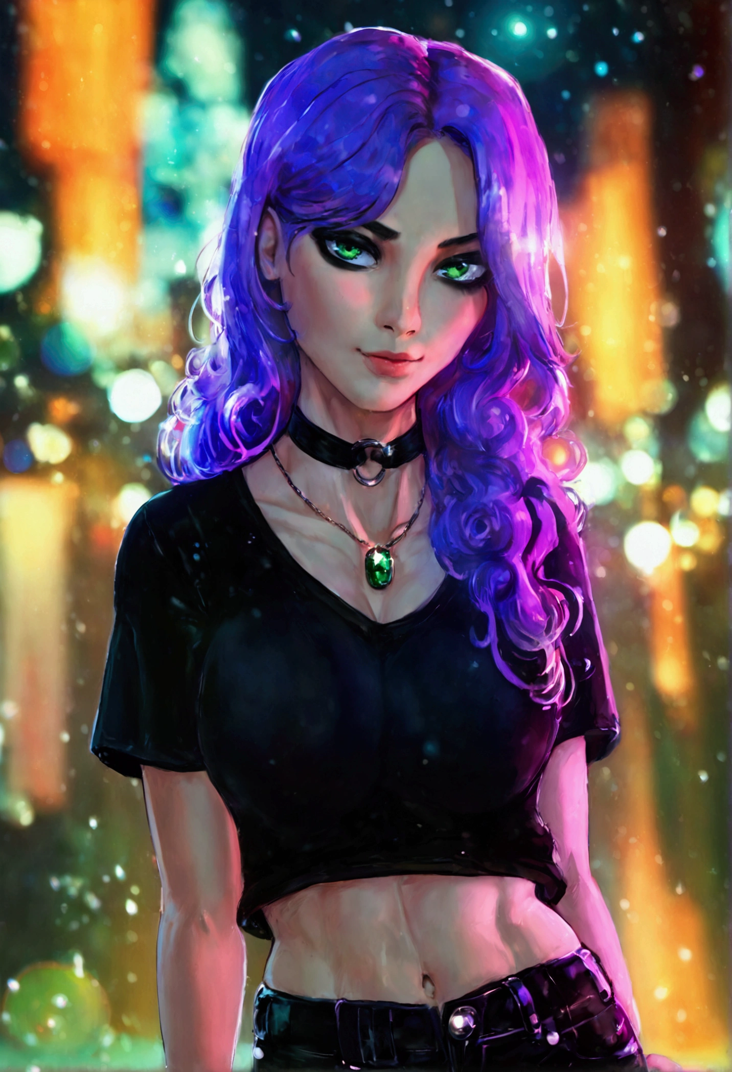 ((Best quality)) ((best detail)) ((high quality background))1 girl, purple hair, black eyeliner, Emerald eyes, black choker, black T-shirt, black denim shorts, black stockings, shows ass