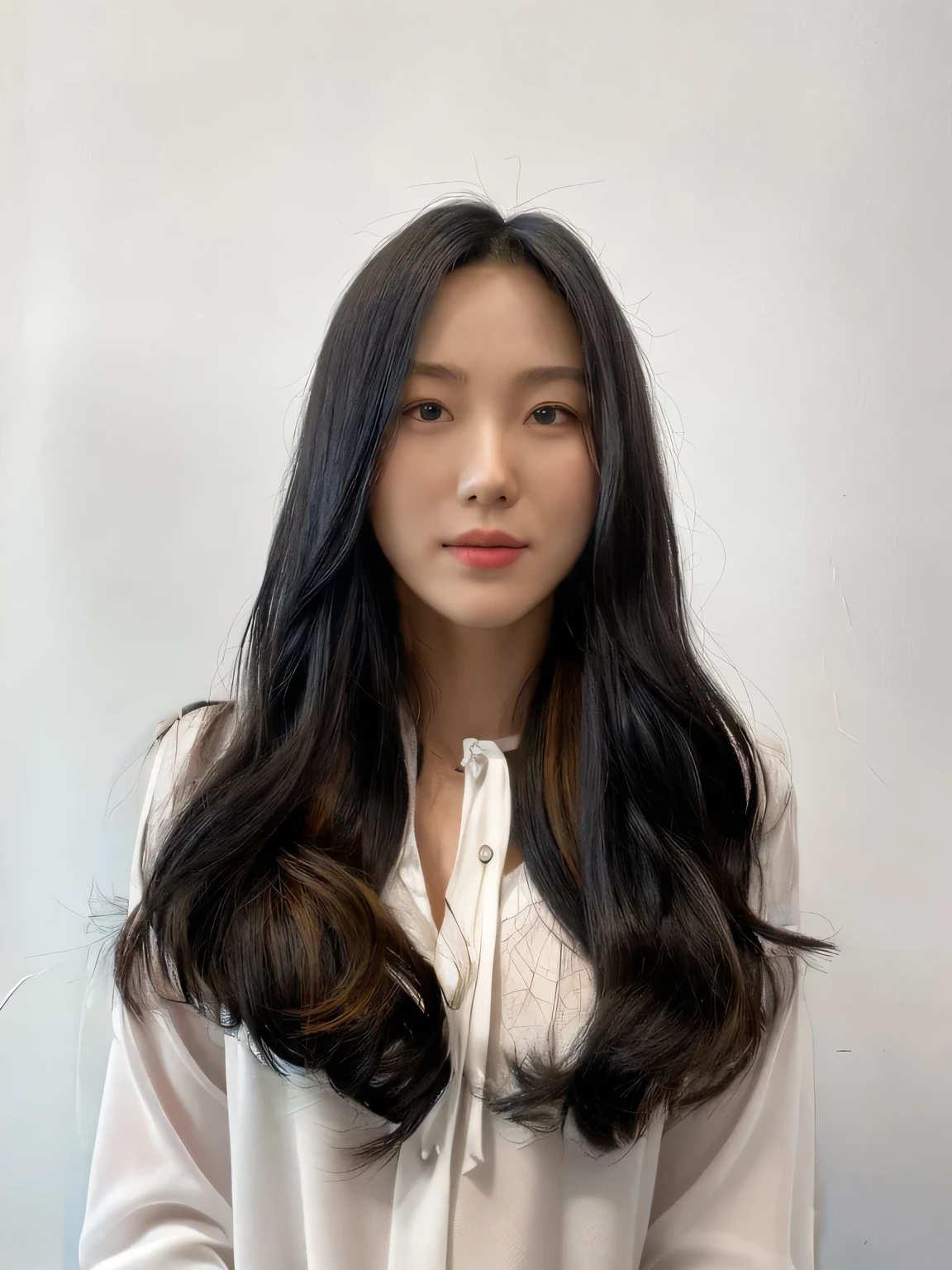 Best Quality, 8k, Masterpiece, (Portrait: 1.3), (photo realistic:1.4), (hyper realistic:1.4), Sharp Focus, looking at viewer, (smoother lighting:1.1), (increase cinematic lighting quality:0.9), realistic lighting, backlighting, light on face, ray trace, (brightening light:1.2), (Increase quality:1.4), sharp detail, (best quality real texture skin:1.4), finely detailed eyes, black_eyes, finely detailed face, 25 year old Korean woman, (white blouse_shirt:1.4), (Create an image maintaining the original base model hairstyle:1.5)
