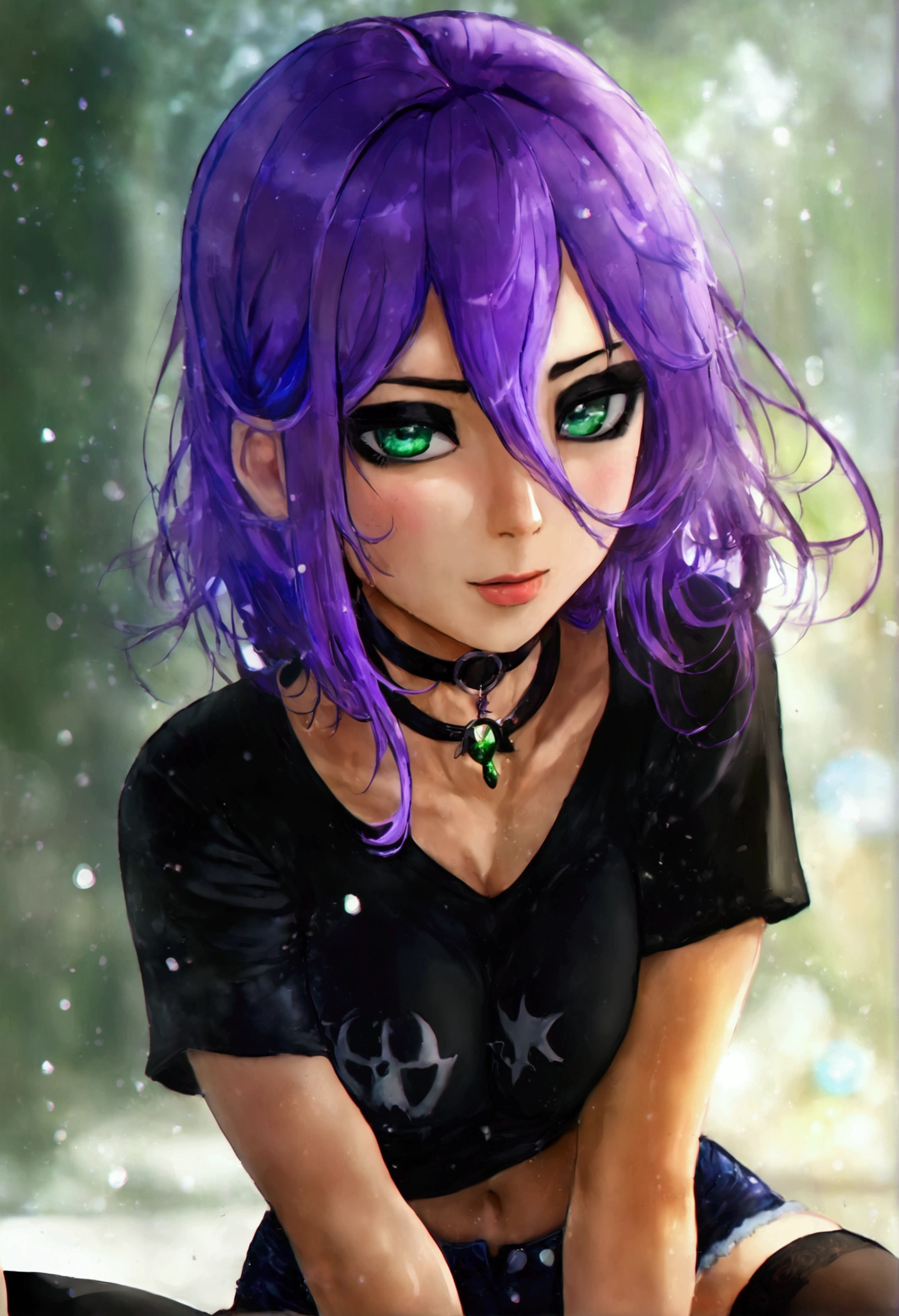 ((Best quality)) ((best detail)) ((high quality background))1 girl, purple hair, black eyeliner, Emerald eyes, black choker, black T-shirt, black denim shorts, black stockings, shows ass