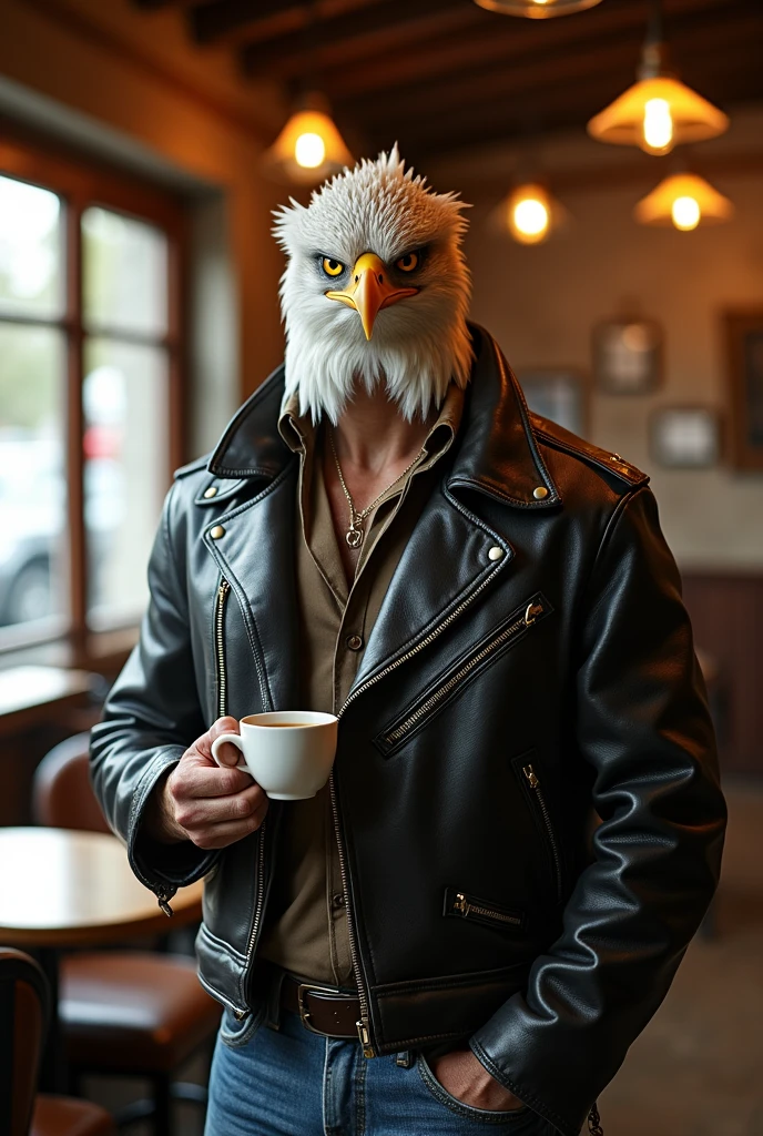 an Eagle in human form standing drinking coffee from a cup with a mean face