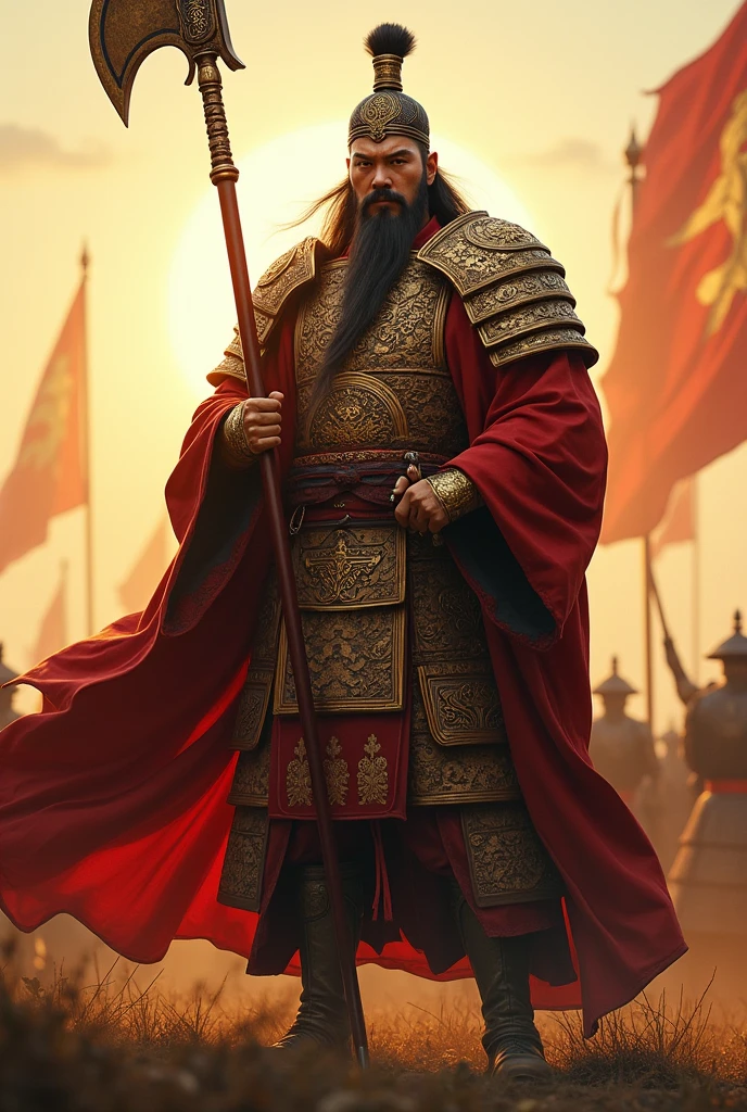 Male character wearing Chinese costume holding a halberd ,Characters in the Three Kingdoms, ancient soldier, Wearing Chinese iron armor, , Chinese warrior character design,Use Chinese weapons, lu bu ,Yes, it's a Chinese general's hat.,Has a long beard and mustache,Middle-aged man,Chinese people,black hair,see the whole body,See the whole head, face, body, arms and legs in yellow tones."Tall,