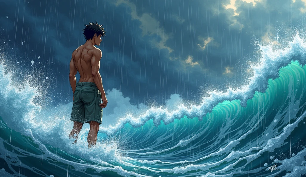 Kai is a lean, wiry teenager with tanned skin from long days spent under the sun. His hair is dark and unruly.A flashback to the darkest moment of the storm, the boy nearly lost in the overwhelming waves."**cartoon anime