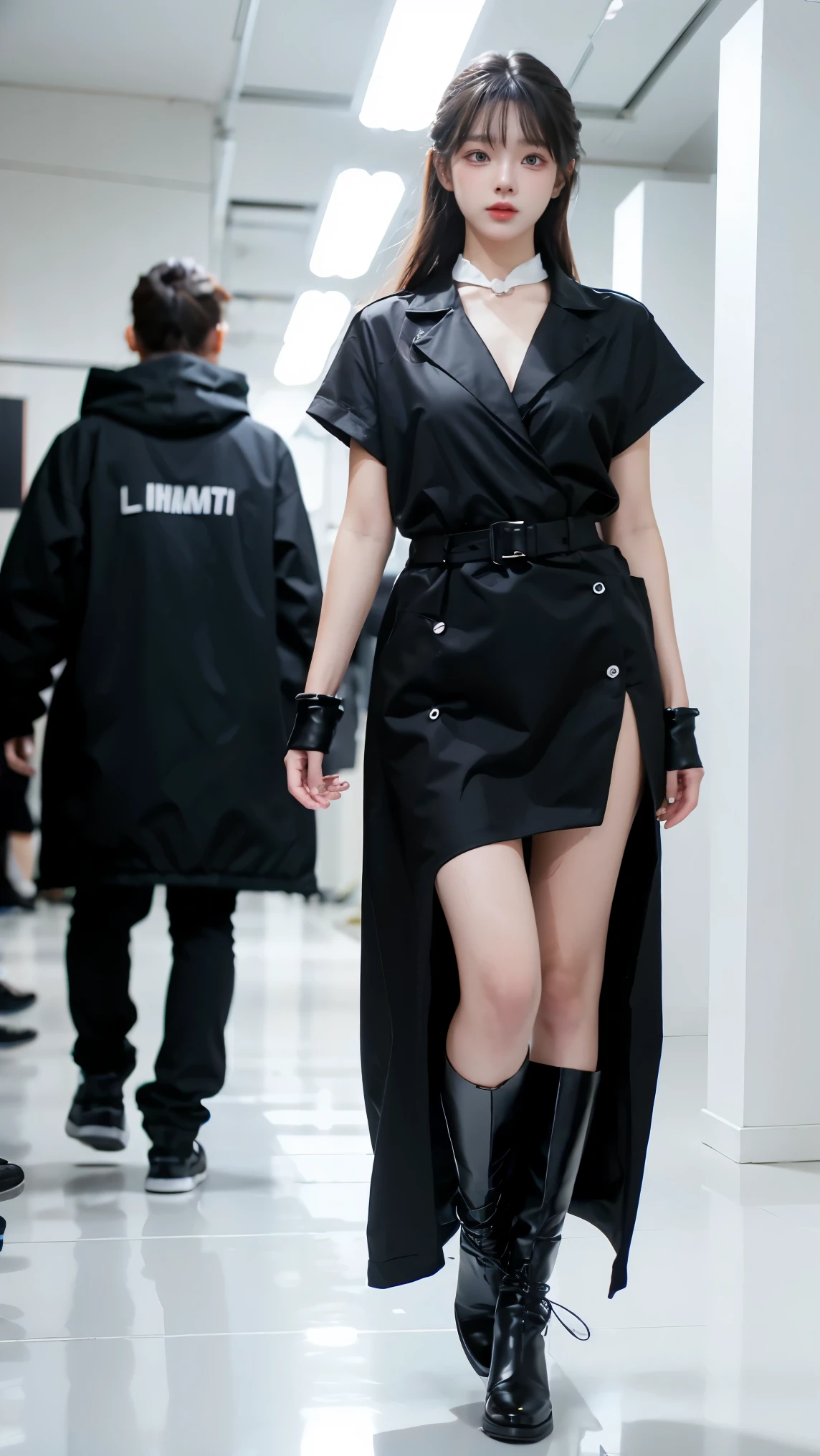 1girl, black random outfits, white background, ray tracing, Catwalk, fashion exhibition,