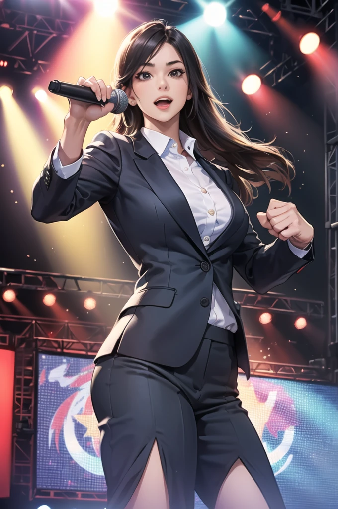 On the boxing ring, (Many viewers:1.3) , (A female presenter wearing a suit, holding a microphone on stage.:1.3) ,