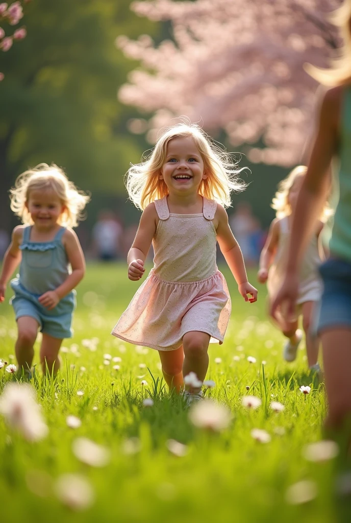 Realistic photo. Photo quality: 720p.  blonde girl photographed in a park. She is playing with other children. The photo is taken from a distance, in a wide shot.  The  doesn't know she's being photographed. None of the children are out of focus.