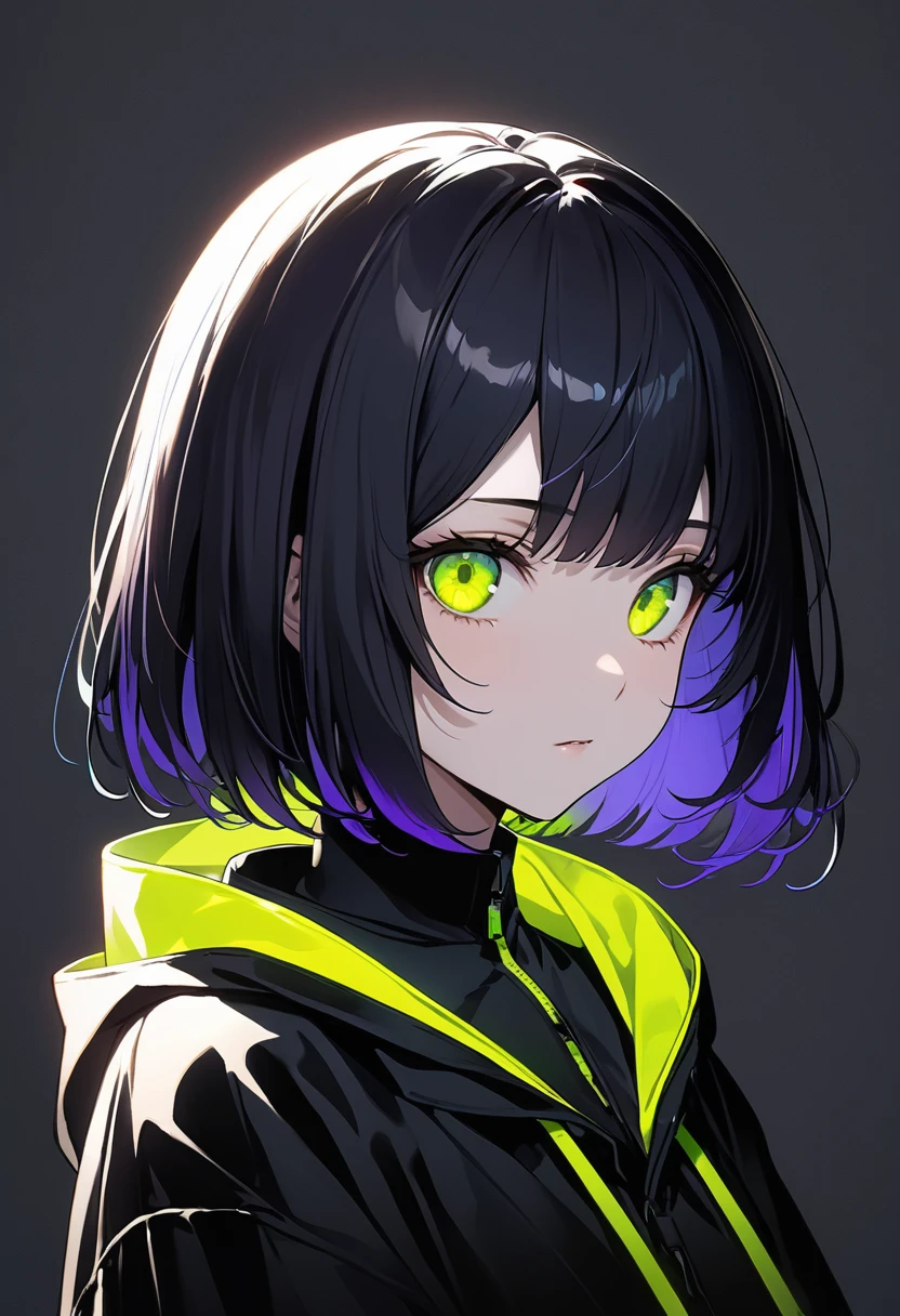 1 person、1 personで、Highest quality, masterpiece,Black dark blue hair, Fluorescent yellow-green eyes,Big eyes,Black clothes, Long sleeve、Black anorak parka、Front Angle、Gazing at the audience、Upper Body,hair,Fair skin、Medium Hair、Bobcut、紺色の艷やかに光るhair、Glowing effect、Highest quality、最高masterpiece、Purple hair tips、暗紺色のhair、Plain black clothing、Dark monochrome solid background、Blue-gray background、Perfect Face、Slightly narrow eyes、Cool Style、cool、mysterious、Thick Coating、beautiful

