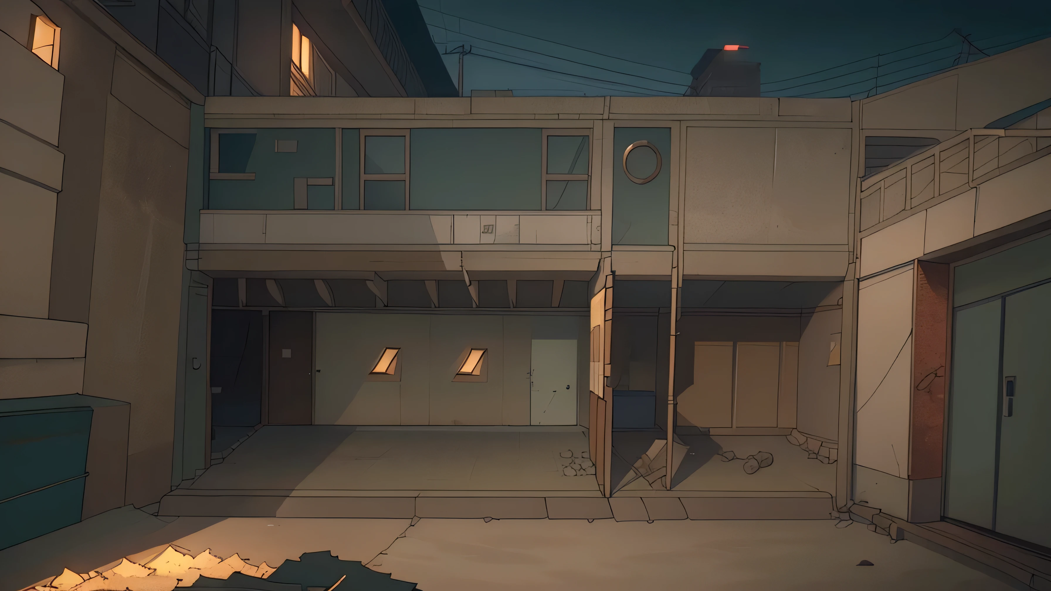 Perfect Anime Empty Street Illustration, Soviet garages, Russia, dirty, cheaply, A lot of garbage, Closed garages, rusty garages, No cars, Deserted, garbage, Ultra-fine detail, Accent lighting, dim lights, Soviet city in the background, Five-storey panel Soviet houses, Lack of cars, Lack of people