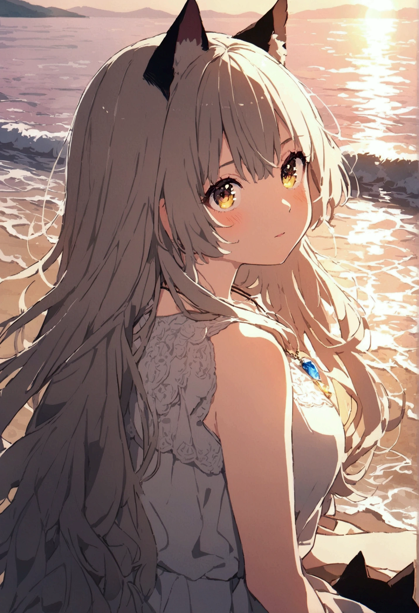 woman, Calm expression, Captivating eyes, Wavy long hair, Grey Hair, Black cat ears, Kemomimi, loose fitting dress, Calm posture, Porcelain-like skin, A faint blush, Crystal Pendant BREAK Golden Hour, (Rim Light):1.2, Warm tones, Solar flare, Soft Shadows, Vibrant colors, Painterly effect, Very detailed, Official Art, 8k wallpaper
, (LOVE POWER), Lakeside, Looking up, soaked