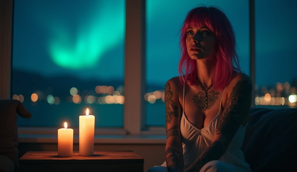 tatuados,Very beautiful big breasts、(Tears),(Back tattoo、Many tattoos on both arms and neck)、 (Reykjavik at night, Aurora shining in the night sky),Candlelight only,Very detailed, 21 years old, A beautiful woman,Depressed face, Pink Hair,Medium Hair, blue eyes, High resolution, masterpiece, Highest quality, Intricate details, Very detailed, Clear focus, Delicate skin, practical skin texture, texture, Delicate eyes, Professional, 8k, Sad face,despair、 Shot with Canon, 85mm, Shallow and deep, Kodak Vision Color, Exactly, Very detailed, photograph_\(Extremist\), photographpractical, practical, Post-processing, Maximum details, Roughness, Real Life, Extremist practical, Photorealism, photographgraphy, 8k ウルトラ HD, photographgraphy