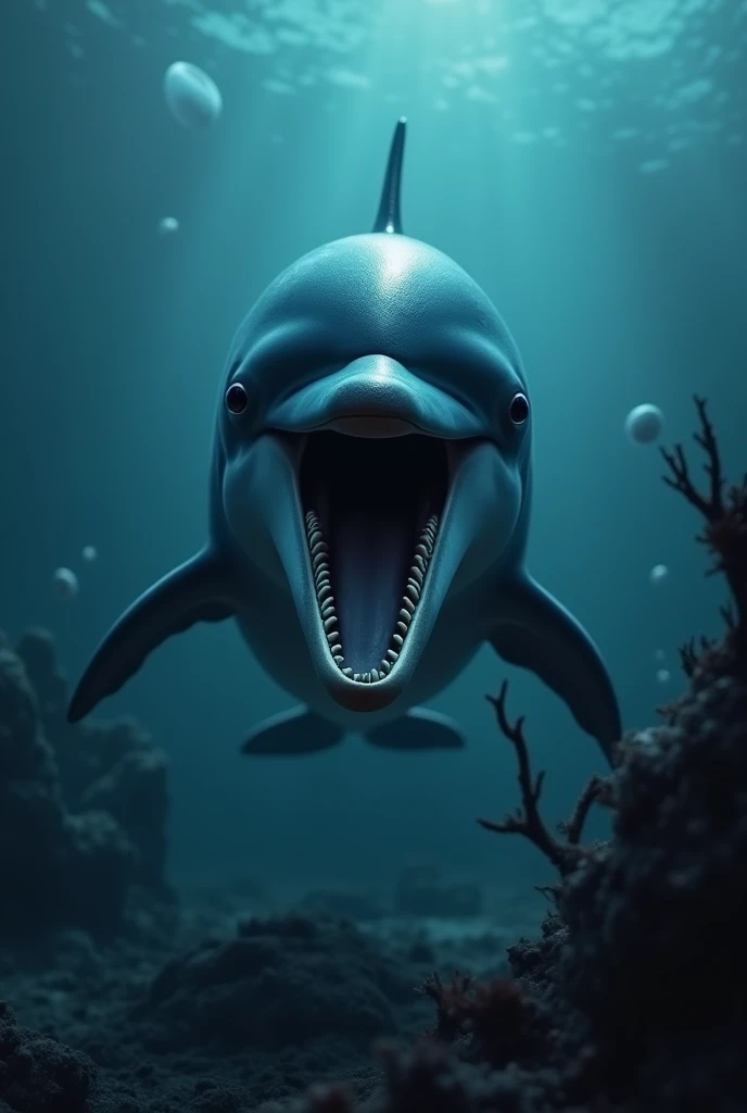 A dolphin is staring straight ahead with its eyes shining brightly.、Open your mouth、Horror