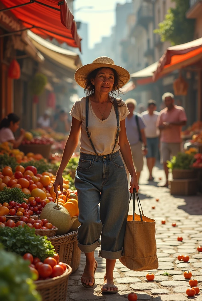 A housewife whose cloth bag broke due to the weight of so many kilos of fruit and vegetables and you can see how everything falls out and that the bag with the handle is all broken from the roasts.