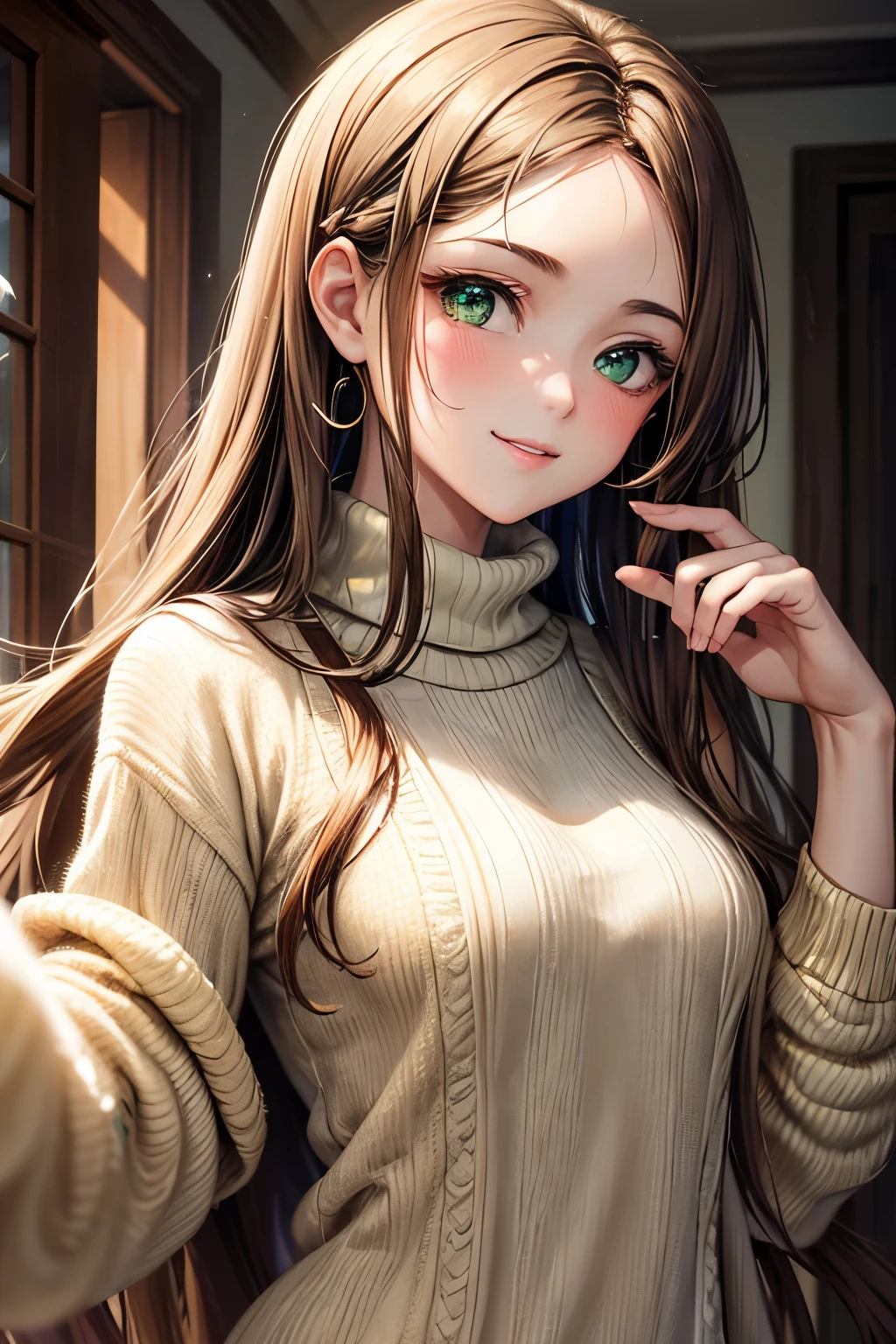 An amazing masterpiece,A high-resolution portrait depicting a beautiful, delicate girl with long hair, Shining brown hair and captivating green eyes, Wearing a comfortable sweater,A radiant smile highlighting her small, perfect breasts.