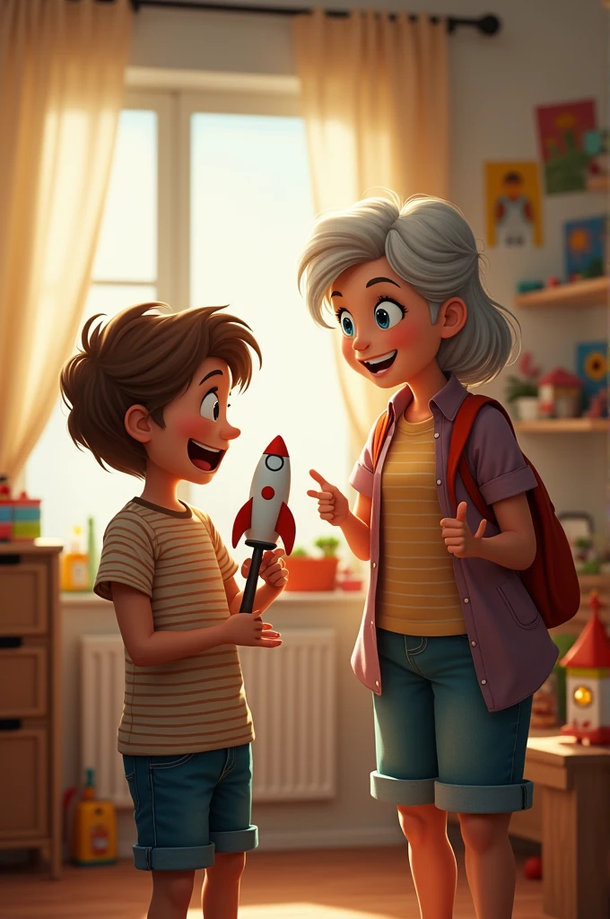 A 10 year old boy says something to his grandmother in his room