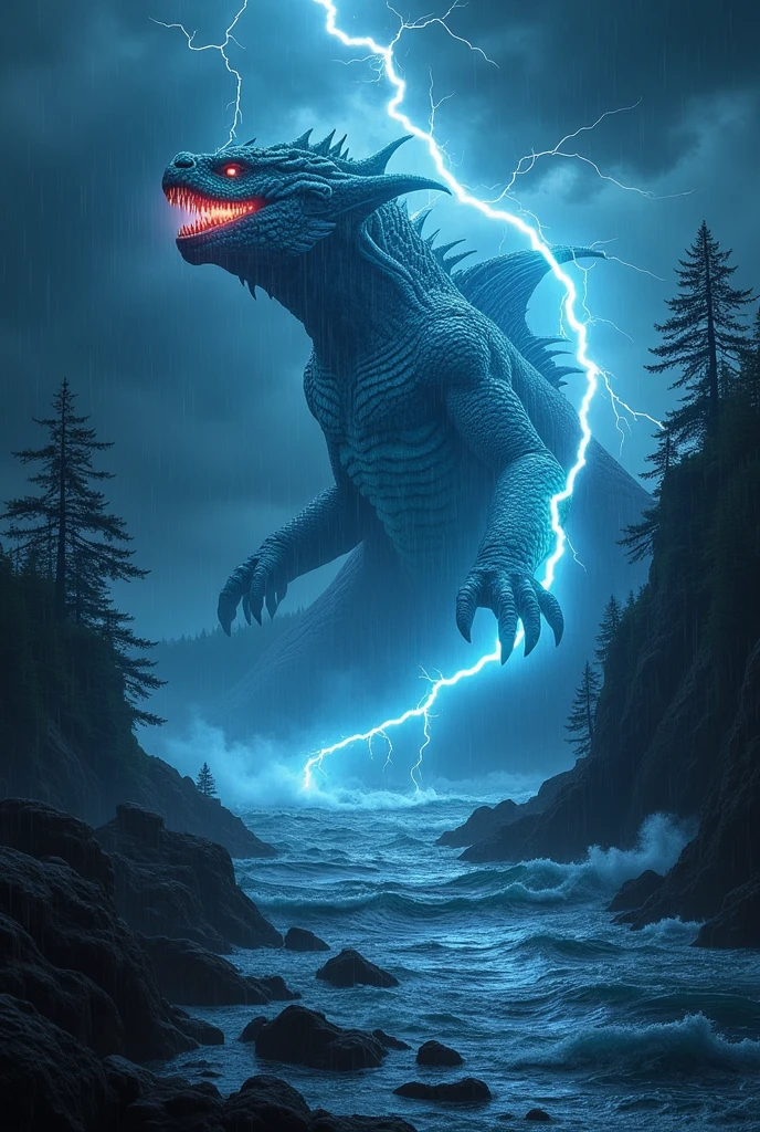 Create a leviathan in the middle of the lakes full of storms and lightning and at night make it more detailed and with the leviathan full of electronic currents