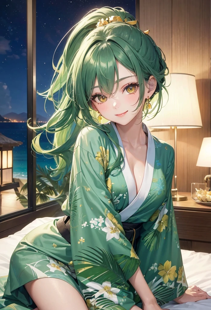 (Tropical hotel style), (relax pose), (solo:2, 15 yo), (beautiful detailed ponytail green hair long hair) (best beauty girl) (beautiful sexy yellow eyes) (cute smile) (glossy lip, love smile), (medium tits), in a cute green kimono, break, in the Resort hotels in bedroom, background beautiful ocean and night ski, BREAK, 16K, masterpiece, best quality.