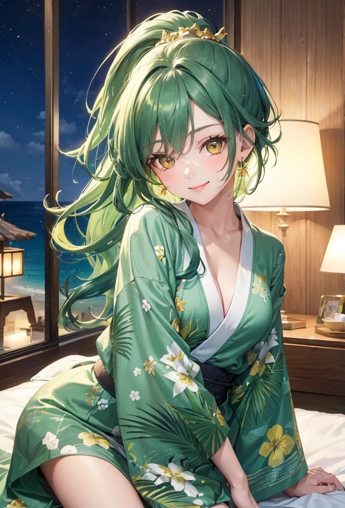 (Tropical hotel style), (relax pose), (solo:2, 15 yo), (beautiful detailed ponytail green hair long hair) (best beauty girl) (beautiful sexy yellow eyes) (cute smile) (glossy lip, love smile), (medium tits), in a cute green kimono, break, in the Resort hotels in bedroom, background beautiful ocean and night ski, BREAK, 16K, masterpiece, best quality.