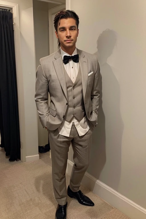 Generate an image of a man in a formal setting. He is wearing a classic black suit with a white dress shirt and a black tie. The background is a clean, neutral color, like light gray or beige. The man is standing upright with a calm, composed expression. His hair is neatly styled, and he is wearing polished black dress shoes