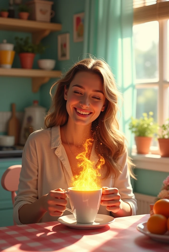 clearing! Here is the translation of the image description:
"An image, creative and cheerful of a woman sitting happily, holding a cup of coffee that is on fire. The woman is smiling, enjoying the moment, and there is a playful, surreal quality to the image. The scene is set in the well-lit kitchen, with warm tones, and the fire in the cafe is lively and vibrant, adding a touch of fantasy to the scene."
