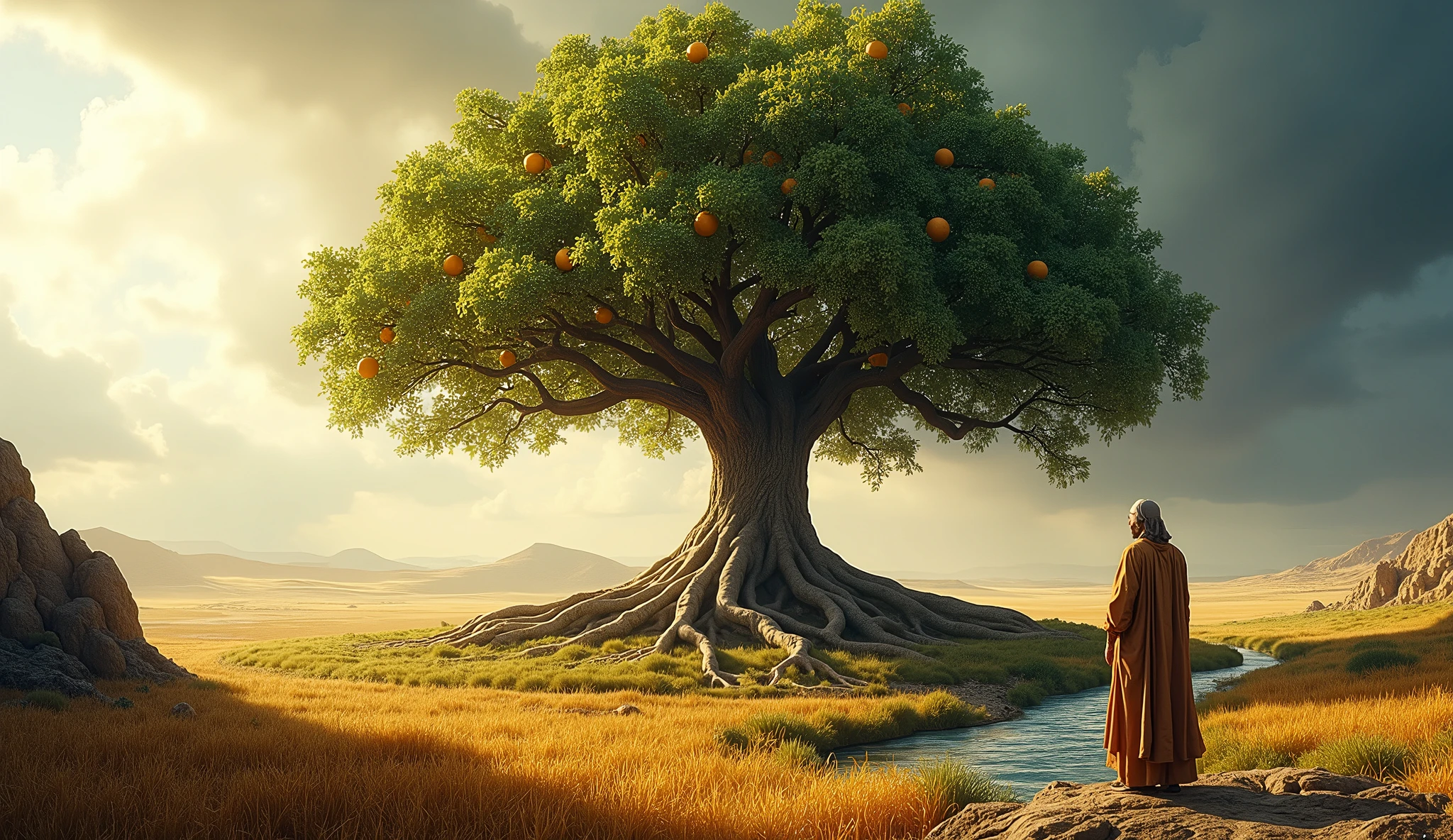 Create an image of a large, sturdy tree in a biblical setting, with deep roots that extend across different terrains: an agricultural field, a gold mine, and an abundant river. The tree represents wealth and is full of fruits and green leaves, symbolizing prosperity. Ao fundo, show a distant storm on the horizon, but the tree remains firm and imposing, protected by the diversity of its resources. Solomon may be next to the tree, watching her with a knowing expression, reinforcing the importance of diversification.