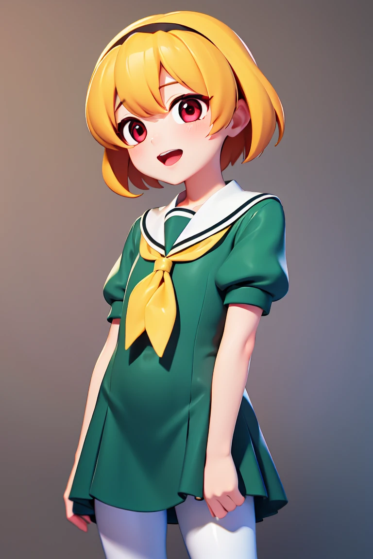 masterpiece,Highest quality,1girl,Satoko Hojo,Blonde,short hair,hair band,Red eyes,tooth,Green Dress,White sailor collar,Yellow neckerchief,Short sleeve,Puff sleeves,Black Pantyhose,Flat Chest,Are standing, School