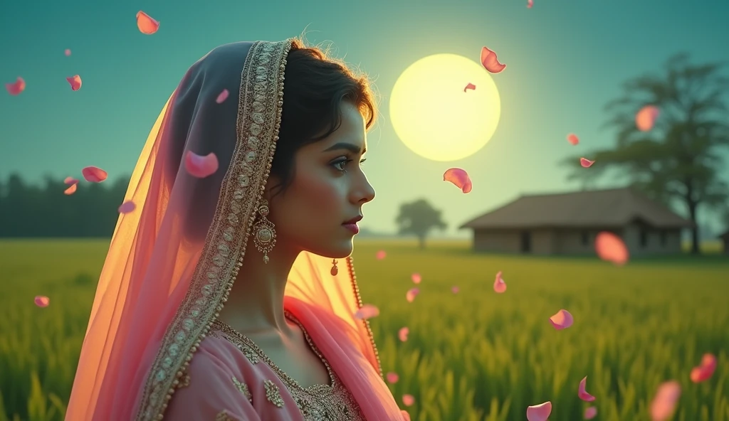 For a thumbnail image based on the song "Tere Bina," here’s a detailed prompt:

"Lofi style A beautiful Punjabi woman, dressed in a flowing traditional outfit with a soft, pastel-colored dupatta draped over her head, stands under a moonlit sky. Her expression is a mix of longing and sadness, with a tear glistening on her cheek. She is surrounded by a serene rural landscape with lush green fields and a small village in the background. The moon is full, casting a gentle glow that illuminates her face, highlighting her deep emotions. In the foreground, delicate rose petals float in the air, symbolizing her love and sorrow., creating a dreamy and melancholic atmosphere."

This prompt captures the essence of a Bollywood-style Punjabi love song in a visually compelling way.