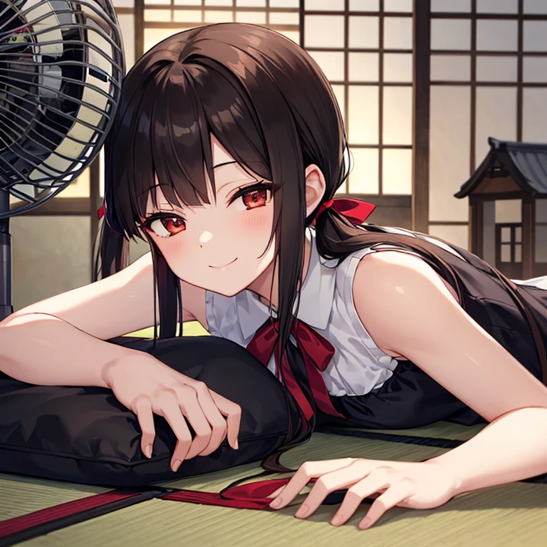 1girl, yo,

lying, on stomach,
hands on tatami,

smile, (closed eye),
white blouse, sleeveless blouse, black skirt,

tatami, house,
(electric fan:1.2), wind,
indoor,
day, summer,

black hair, (low twintails), low pigtails, red ribbon in hair,  very long hair,
(dark brown eye),

from side,

high brightness,
(high quality, ultra detailed, masterpiece, super detail, highres, anatomically correct, UHD),
Japanese anime style, beautiful fingers, beautiful hands