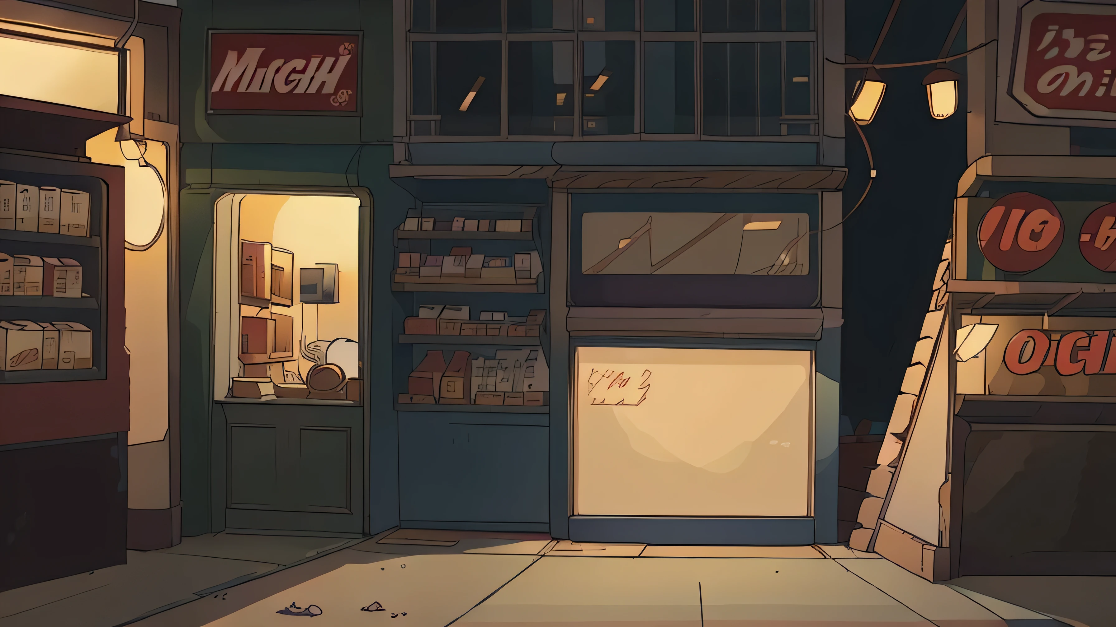 perfect anime illustration, old groceries store, night, dim light, small store