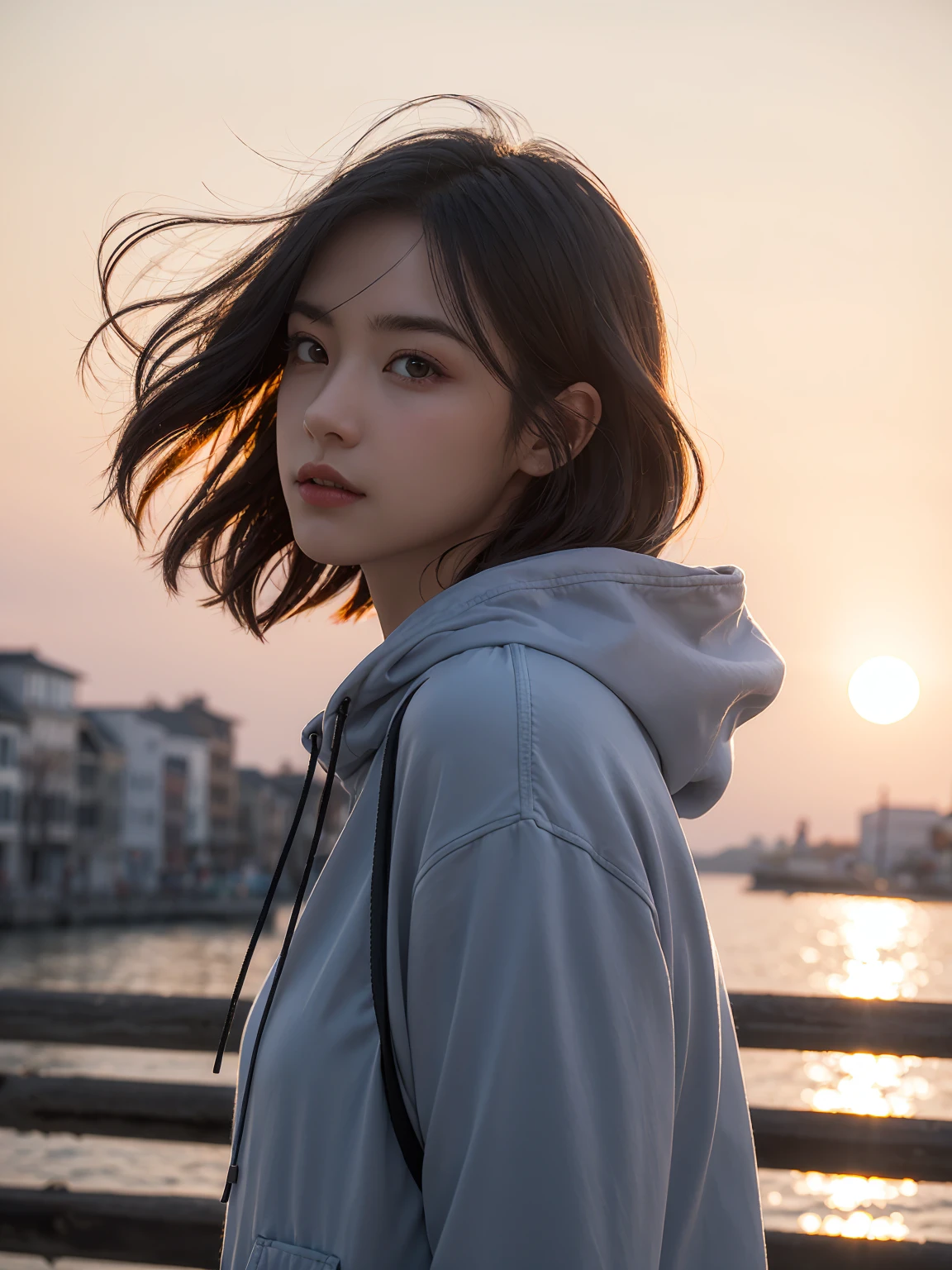 ultra realistic 8k cg, picture-perfect face, flawless, clean, masterpiece, professional artwork, famous artwork, perfect face, beautiful face, beautiful eyes,(contre-jour:1.4),(ray tracing:1.2),(backlight:1.15),solo,1girl,outdoors,cloud,sky,short hair,sunset,sun,blurry,,long sleeves,holding,upper body,horizon,hood,wind,depth of field,floating hair,blurry background,sunrise,hood down,