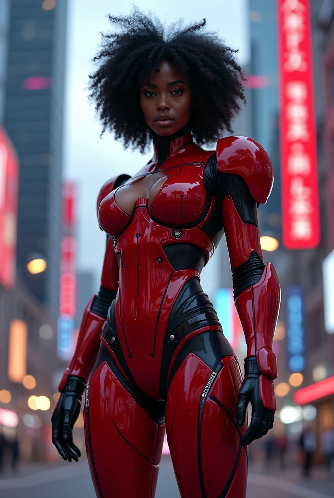 Black american girl, short curly black hair, red mecha armor with black accents, huge breasts, thin waist, sensual pose,