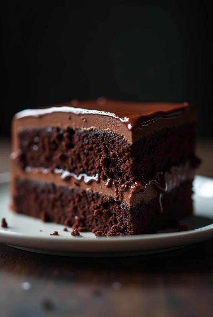 cinematic film still chocolate, chocolate cake, dark background, quality photo, moist texture, frosting, studio photo, slice . shallow depth of field, vignette, highly detailed, high budget, bokeh, cinemascope, moody, epic, gorgeous, film grain, grainy
