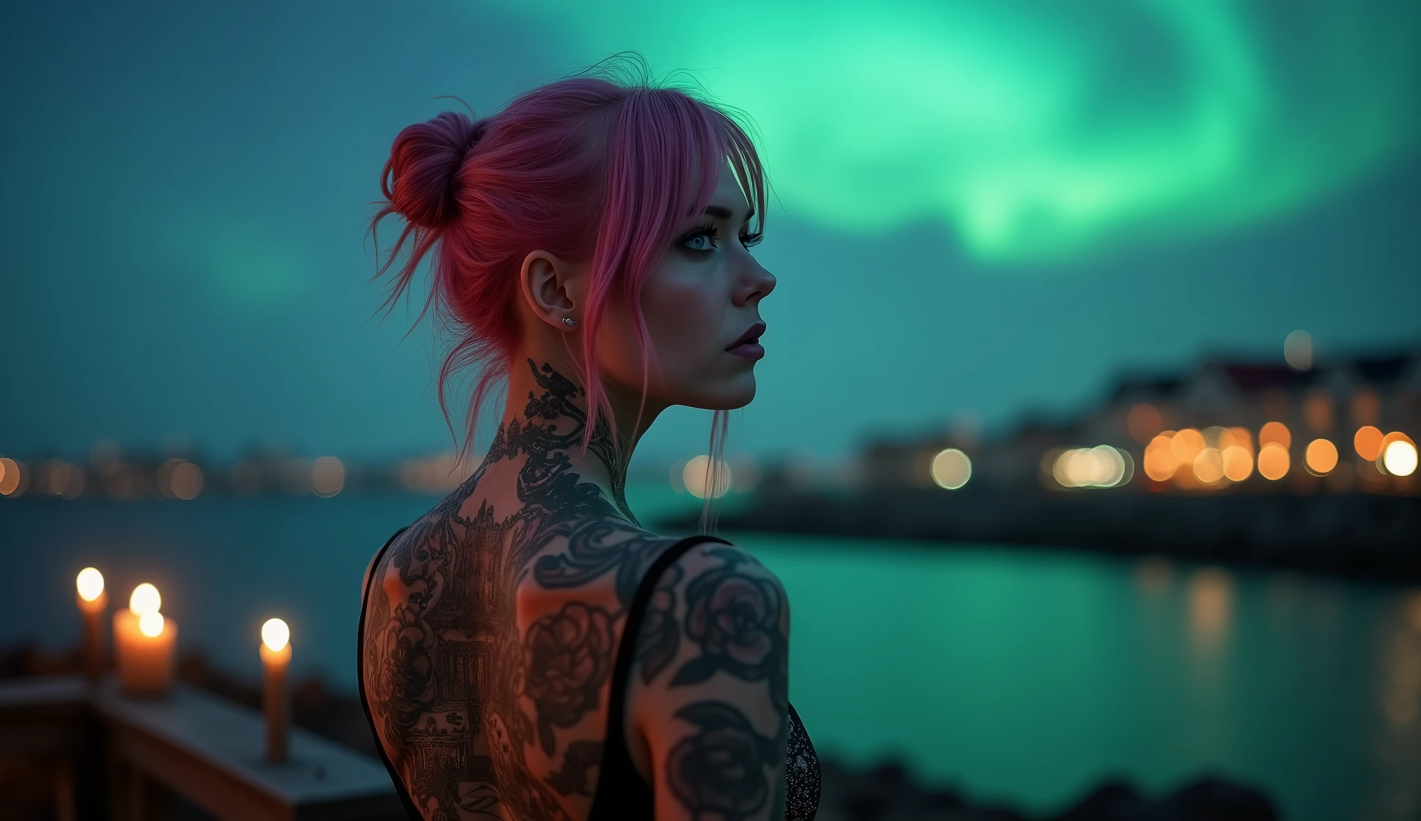 tatuados,(Very beautiful big breasts)、(Tears),(Back tattoo、Many tattoos on both arms and neck)、 (Reykjavik at night, Aurora shining in the night sky),Candlelight only,Very detailed, 21 years old, A beautiful woman,Depressed face, Pink Hair,Medium Hair, blue eyes, High resolution, masterpiece, Highest quality, Intricate details, Very detailed, Clear focus, Delicate skin, practical skin texture, texture, Delicate eyes, Professional, 8k, Sad face,despair、 Shot with Canon, 85mm, Shallow and deep, Kodak Vision Color, Exactly, Very detailed, photograph_\(Extremist\), photographpractical, practical, Post-processing, Maximum details, Roughness, Real Life, Extremist practical, Photorealism, photographgraphy, 8k ウルトラ HD, photographgraphy