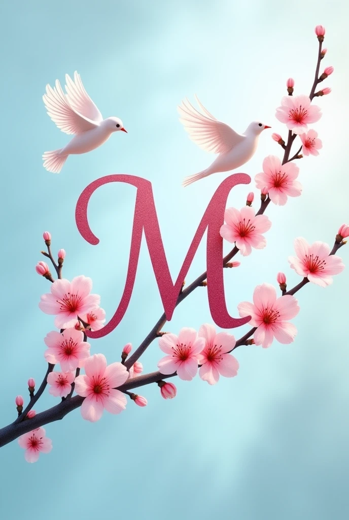 Elegant cursive uppercase letter M with cherry blossoms and birds on it