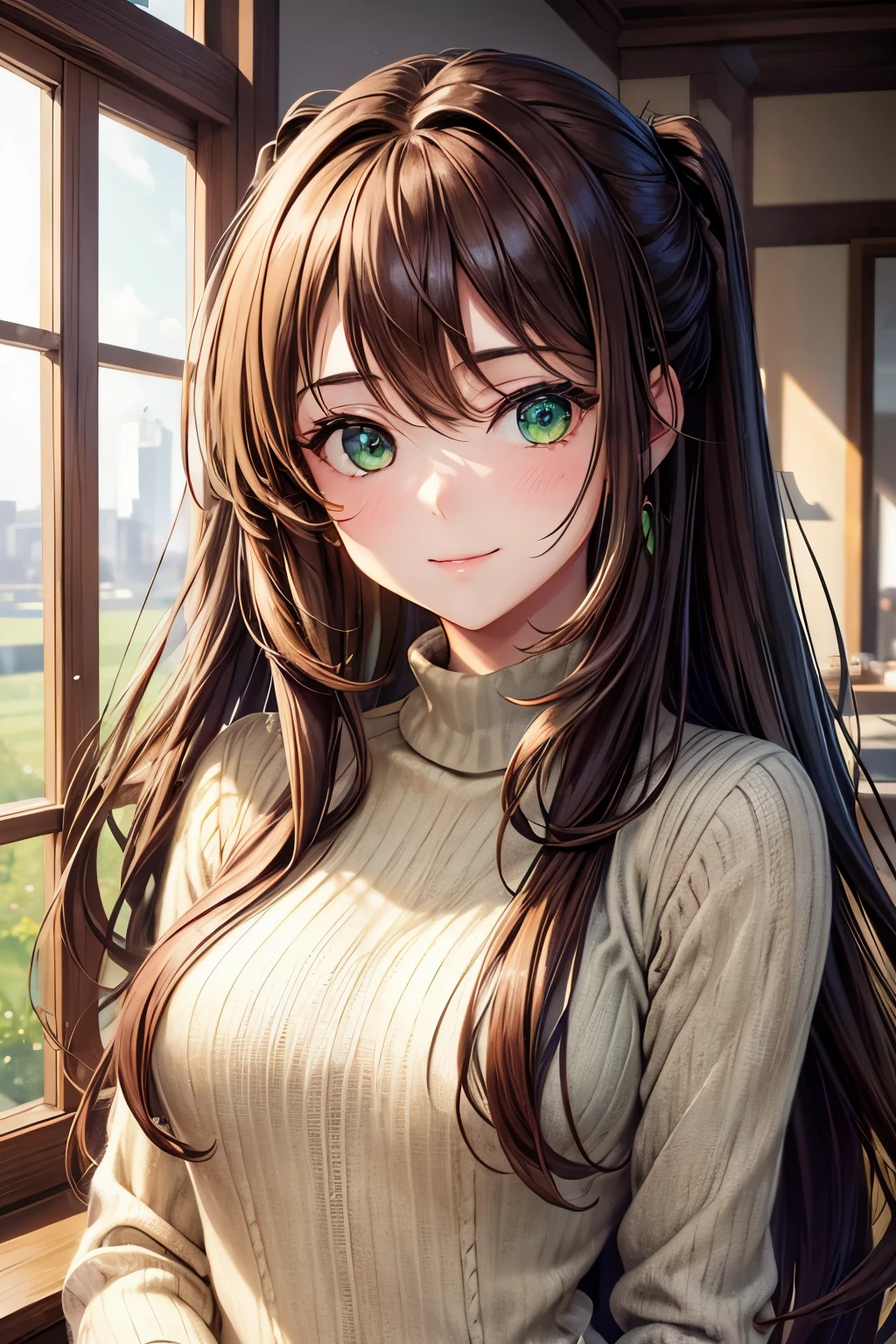 An amazing masterpiece，A high-resolution portrait depicting a beautiful, delicate girl with long hair, Shining brown hair and captivating green eyes, Wearing a comfortable sweater，A radiant smile highlighting her small, perfect breasts.