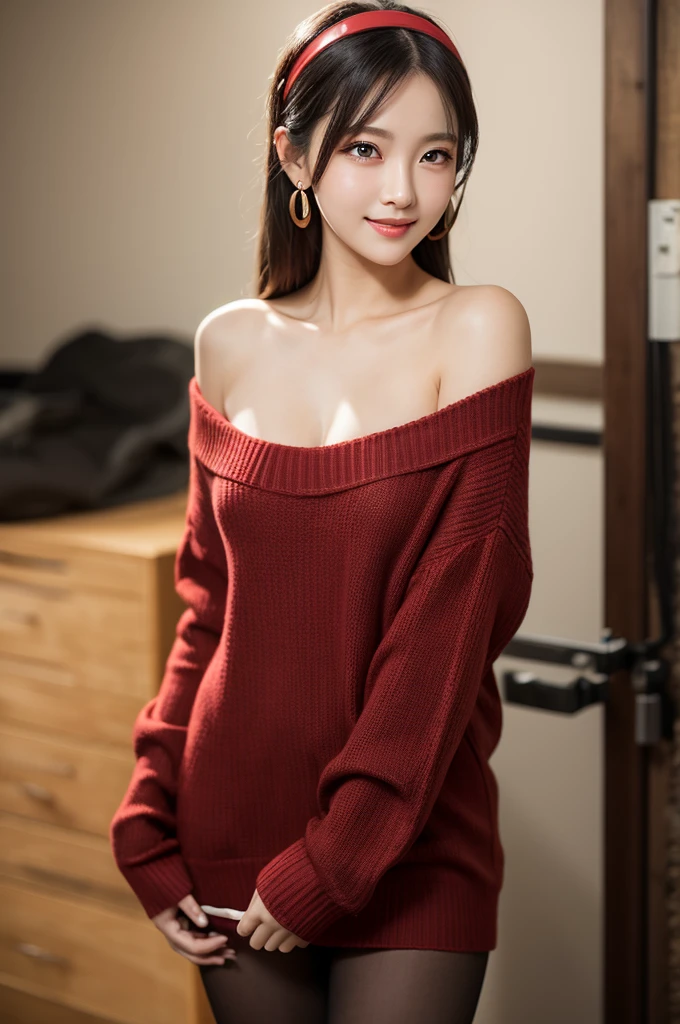 NSFW,yorbriar, yor briar, black hair, (red eyes:1.5), earrings, gold hairband, hairband, long hair, sidelocks, (medium breasts:1.2), smile,
BREAK bare shoulders, collarbone, dress, long sleeves, off shoulder, off-shoulder dress, off-shoulder sweater, pantyhose, red sweater, sweater, sweater dress, undressing,thighs, dress lift,sweater lift,
BREAK indoors,from below,
BREAK looking at viewer, (cowboy shot:1.5),
BREAK (masterpiece:1.2), best quality, high resolution, unity 8k wallpaper, (illustration:0.8), (beautiful detailed eyes:1.6), extremely detailed face, perfect lighting, extremely detailed CG, (perfect hands, perfect anatomy),