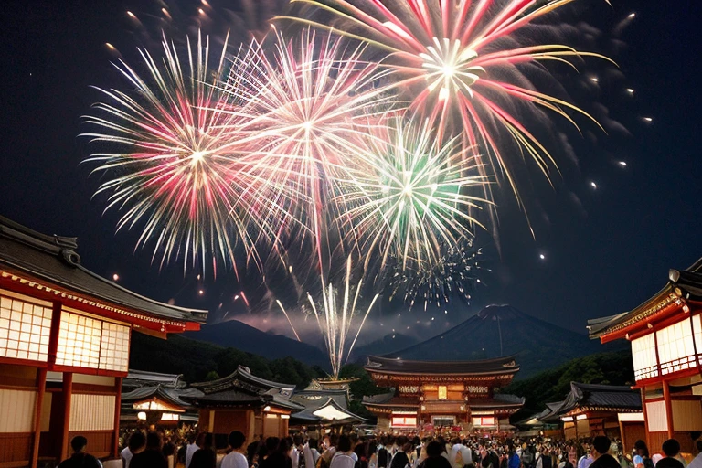((Highest quality)), ((masterpiece)), (detailed), ((Japanese Summer Festivals))、((Night Scenery))、((Colorful fireworks in the night sky))、((Stalls line both sides))、Many people are enjoying themselves wearing yukata.、Lanterns are hung above the food stalls, casting a warm glow.、