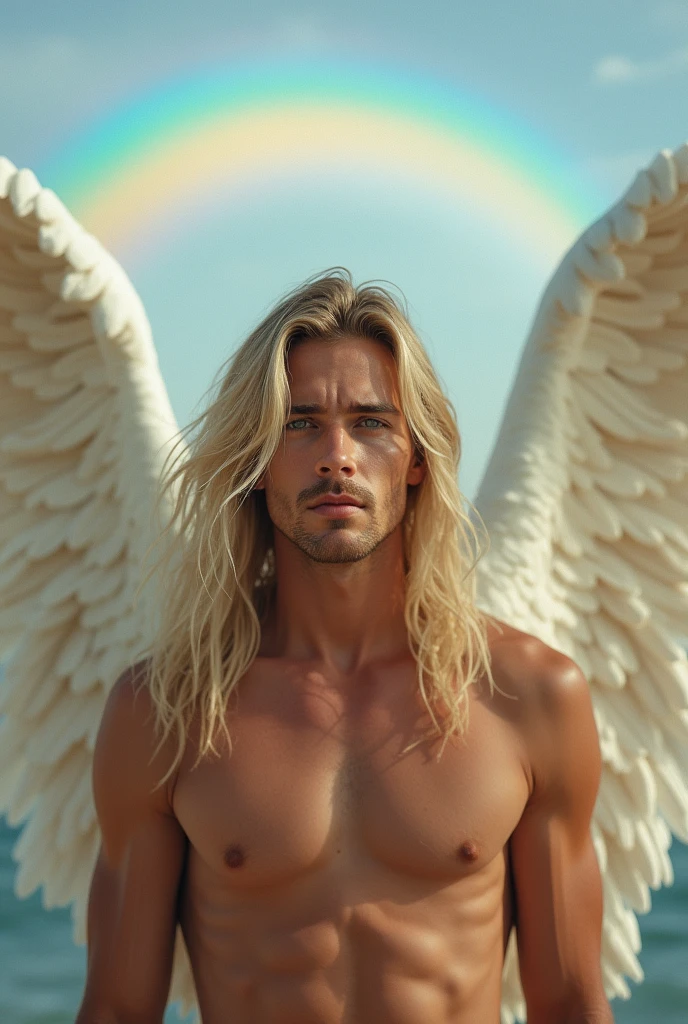 30 generation white male、Mysterious and sexy face、looking at the camera、Image、Beautiful angel wings、Upper body skin?、No beard、Long blonde hair、Rainbow on background