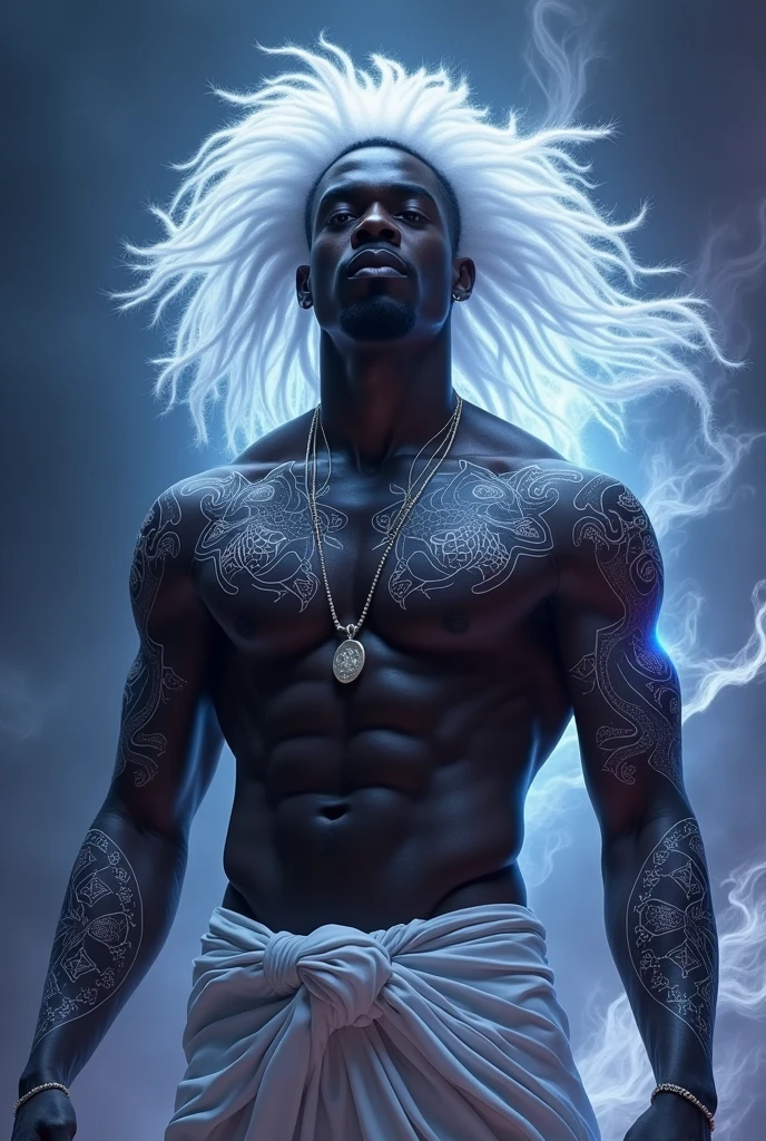 Shirtless black man with defined body,white hair and white eyes emanating a divine aura With white tattoos in anime with no sky in the background