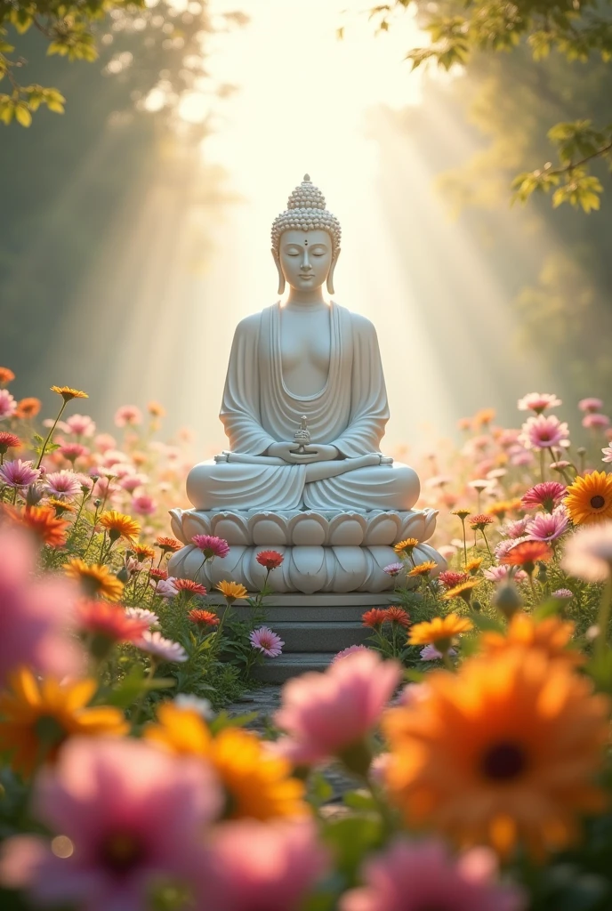 white throne god , maitreya buddha , standing god, flower garden background, korea map background, aura, bokeh

