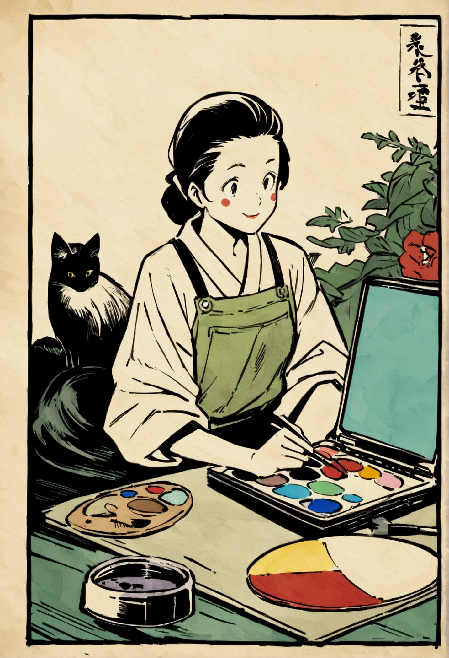 "Using Seaart, generate an icon image suitable for platforms like Instagram. Create an anime-style illustration featuring a black cat with a relaxed expression grooming itself. The image should also incorporate elements like a brush, palette, and laptop, forming a logo-like design. Ensure the overall design is in a Banksy stencil style, with a fresh impression centered around blue and black colors, and keep the background simple,Ukiyo-e"