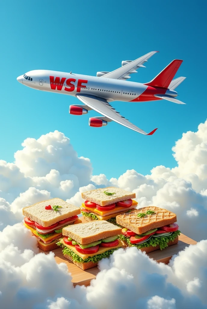 Flying plane written in capital letters WSF and several painted sandwiches