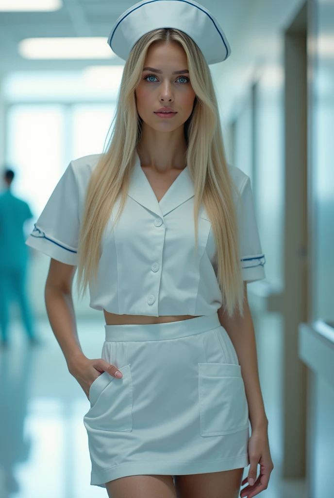 ultra realistic, photography, woman, long straight blonde hair, (wavy elegant hair, blue eyes, perfect round lips, 22 years old, gorgeous face, voluptuous figure, perfect fit body, big enhanced breasts), One cute girl, Highest quality, High resolution, Highly detailed CG, 8K Unit Wallpaper, Beautiful attention to detail, Braid, nurse, nurse, nurse Cap, wear,  legwear very,  Elbow hand pockets、satin panties、Micro Skirt)))、(Wet body:1.4)、(Shiny body,:1.6)