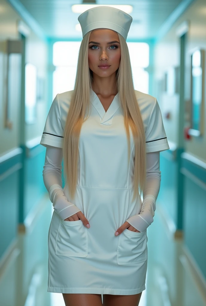 ultra realistic, photography, woman, long straight blonde hair, (wavy elegant hair, blue eyes, perfect round lips, 22 years old, gorgeous face, voluptuous figure, perfect fit body, big enhanced breasts), One cute girl, Highest quality, High resolution, Highly detailed CG, 8K Unit Wallpaper, Beautiful attention to detail, Braid, nurse, nurse, nurse Cap, wear,  legwear very,  Elbow hand pockets、satin panties、Micro Skirt)))、(Wet body:1.4)、(Shiny body,:1.6)