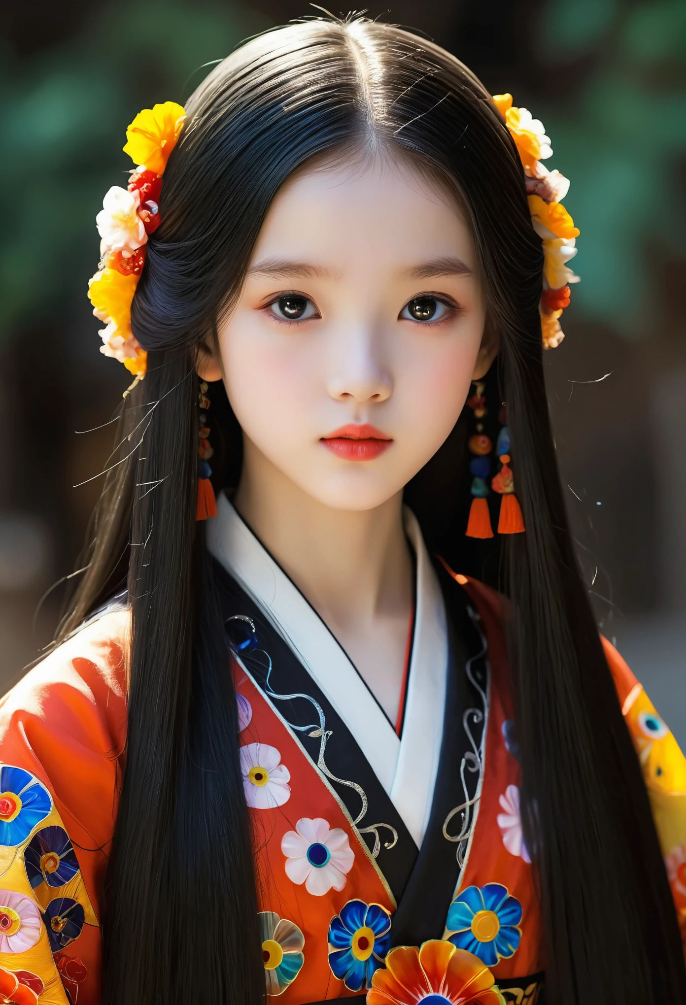 Millefiori glass style，A girl around 13 years old，Pale skin，Very long hair, Black straight hair. big、Black eyes , With a strong and mysterious expression. Dressed in orphan clothing style, More elegant and refined, Something that matches her mysterious and strong personality. comprehensive, Her presence will attract attention, Attract curious and inquisitive eyes. flat ?????, movie lighting, Chromatic Aberration, Backlight, masterpiece, High Detail, high quality, 4k.
